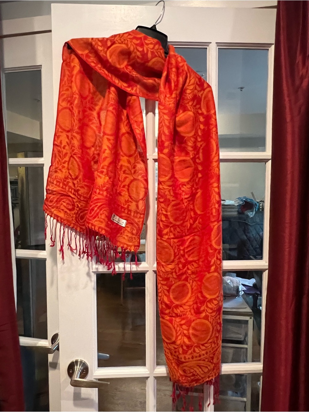 pashmina Red-Orange Paisley & Circle Fringe Wrap